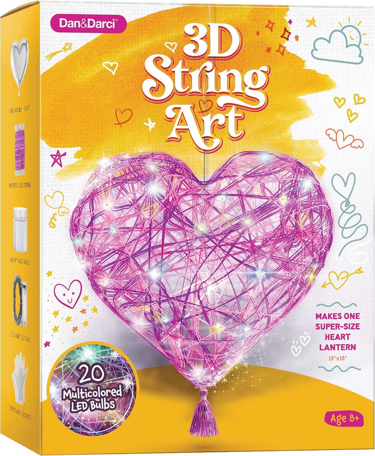 Dan&Darci 3D String Art Kit for Kids - Makes a Light-Up Heart Lantern - Multi-Colored LED Bulbs - Kid Gifts - Birthday Crafts for Girls Ages 8-12 - DIY Arts & Craft Kits for 8, 9, 10, 11, 12 Year Old