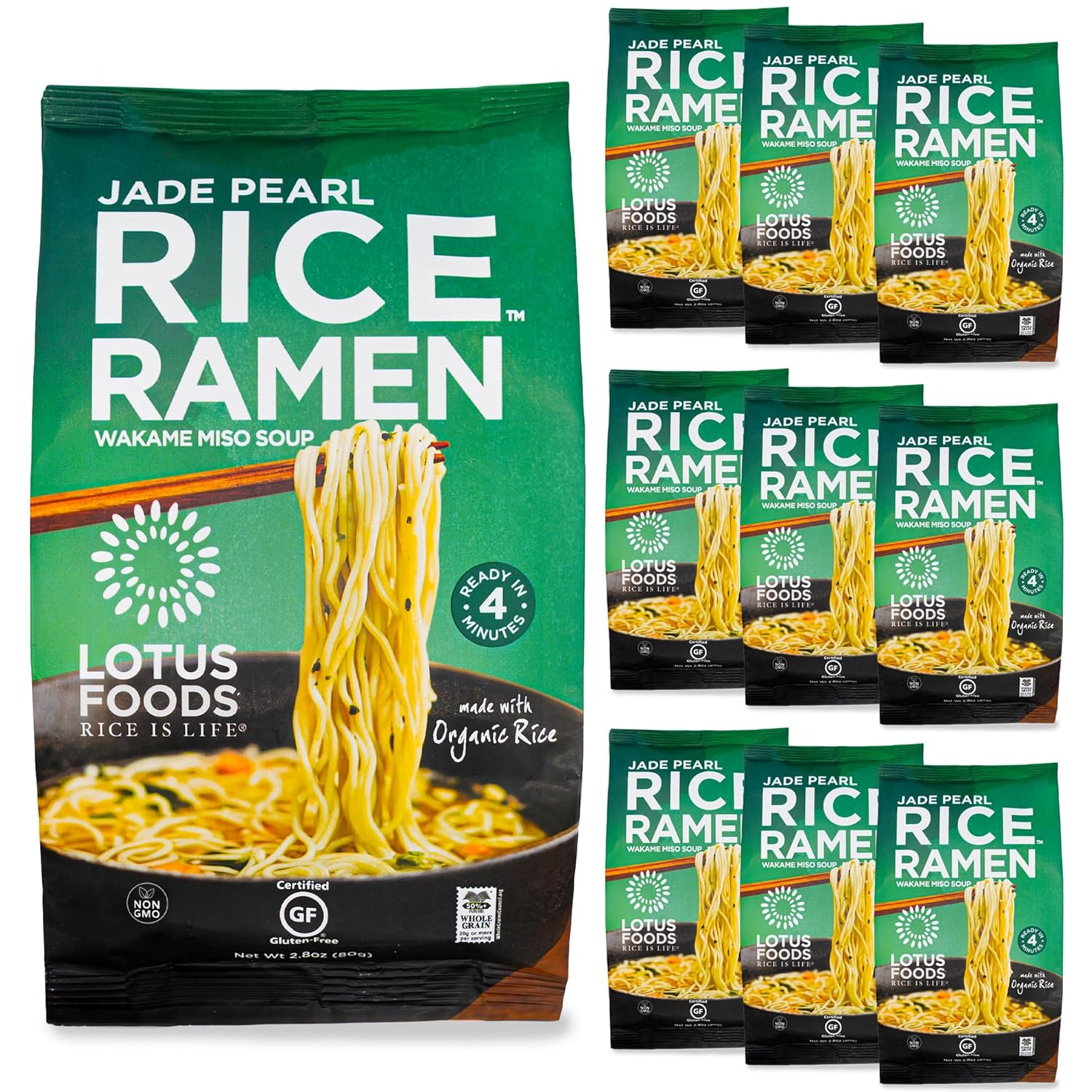 Lotus Foods Jade Pearl Organic Rice Ramen Noodles With Miso Soup - Gluten Free Ramen Noodles, Vegan Ramen Noodles, Organic Ramen Rice Noodles - 2.8 Oz Bags (Pack of 10)