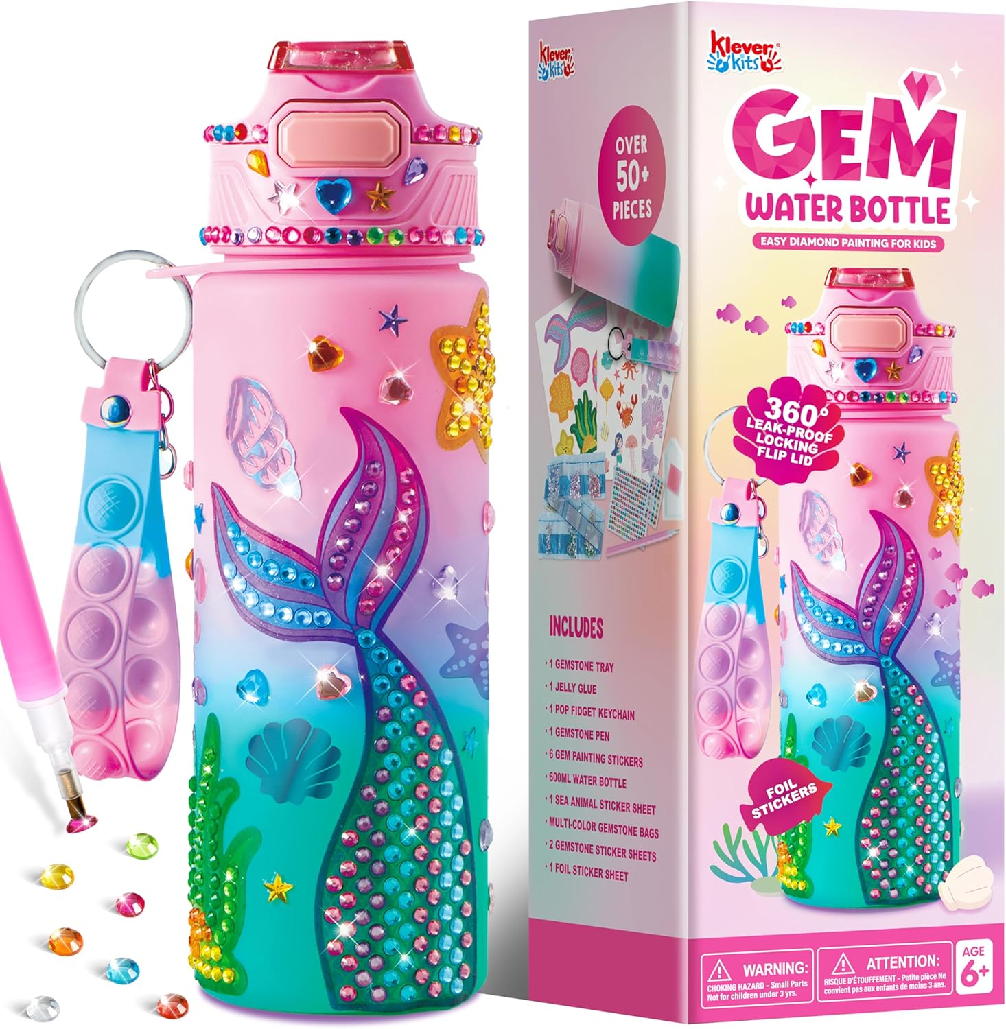 Klever Kits Creative Craft Toy Kit,Kids Water Bottle Decoration,Arts and Craft Gift Kits for Girls Age 6 7 8 9 10 11 12,Water Bottle Kit with Mermaid Diamond Painting Crafts,Birthday Gift Toy for Kids