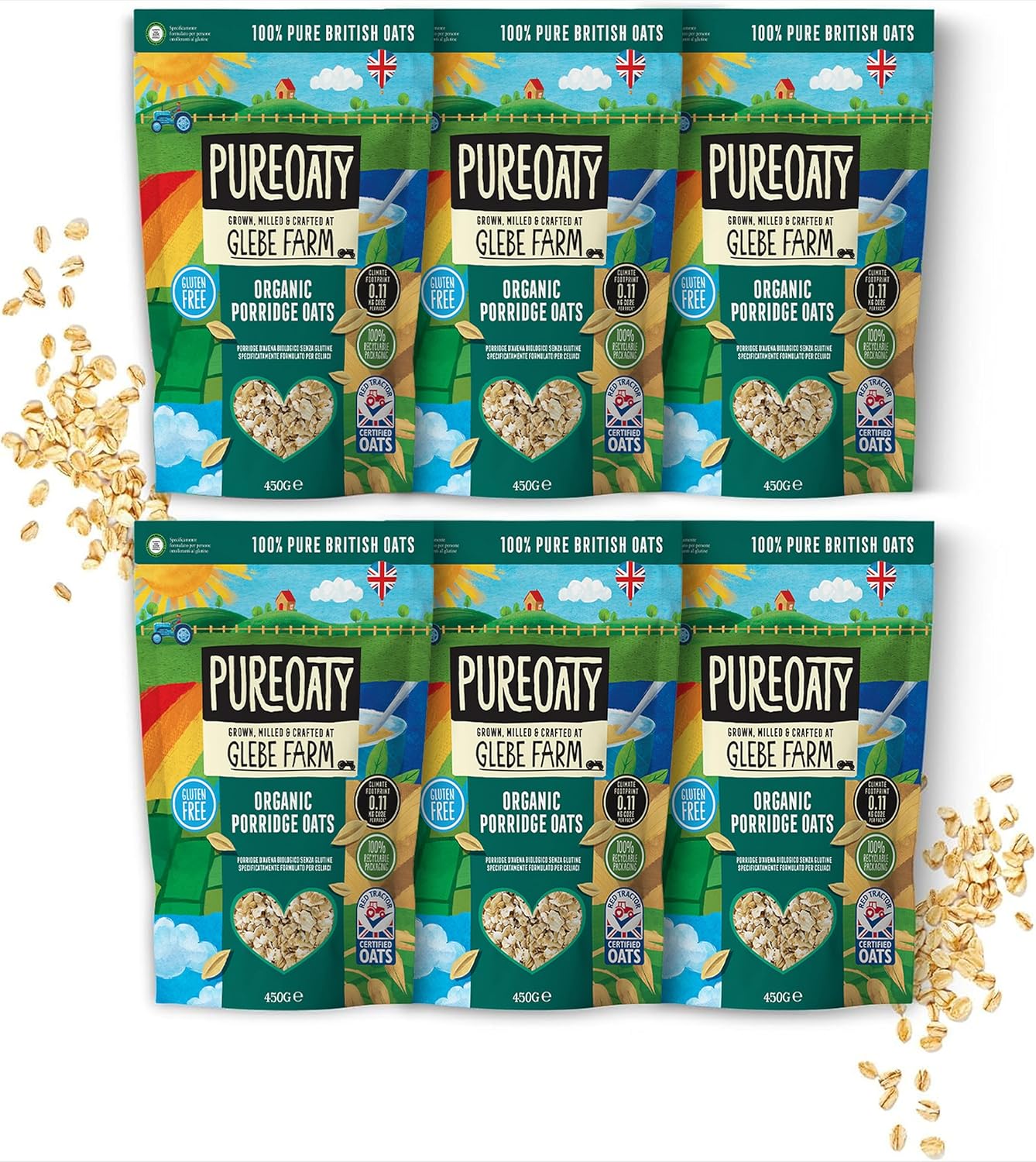 Glebe Farm Gluten Free PureOaty Organic Porridge Oats 6PK, Healthy Wholegrain For Slow Release Energy, 100% British, All-Natural & High In Fibre, Tasty Porridge, No Nasties, 6x 450g