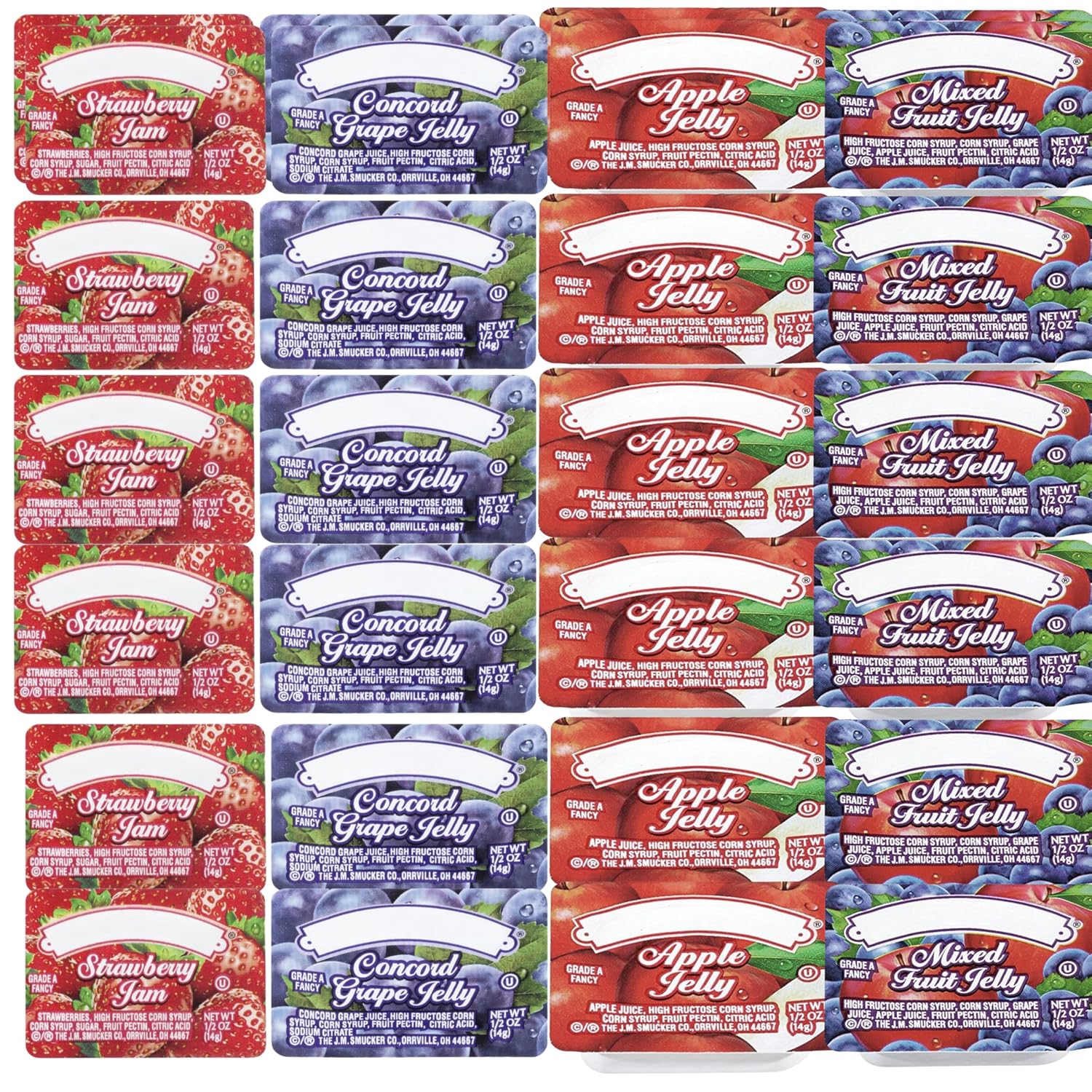 Smucker's Assorted Jelly and Jam Cups, 0.5 Ounce Individual Portions, Apple, Grape, Strawberry, Mixed Fruit, 25 Count