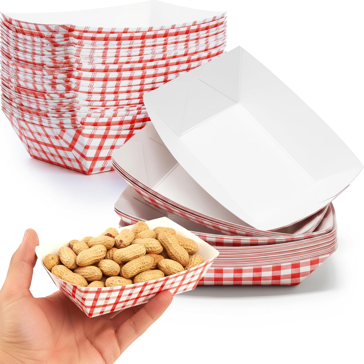 Grease-Proof Sturdy Food Trays 1 lb Capacity 100 Pack by Eucatus. Serve Hot or Cold Snacks in These Classic Carnival Style Checkered Paper Baskets. Perfect for Concession Stand or Circus Party Fare!
