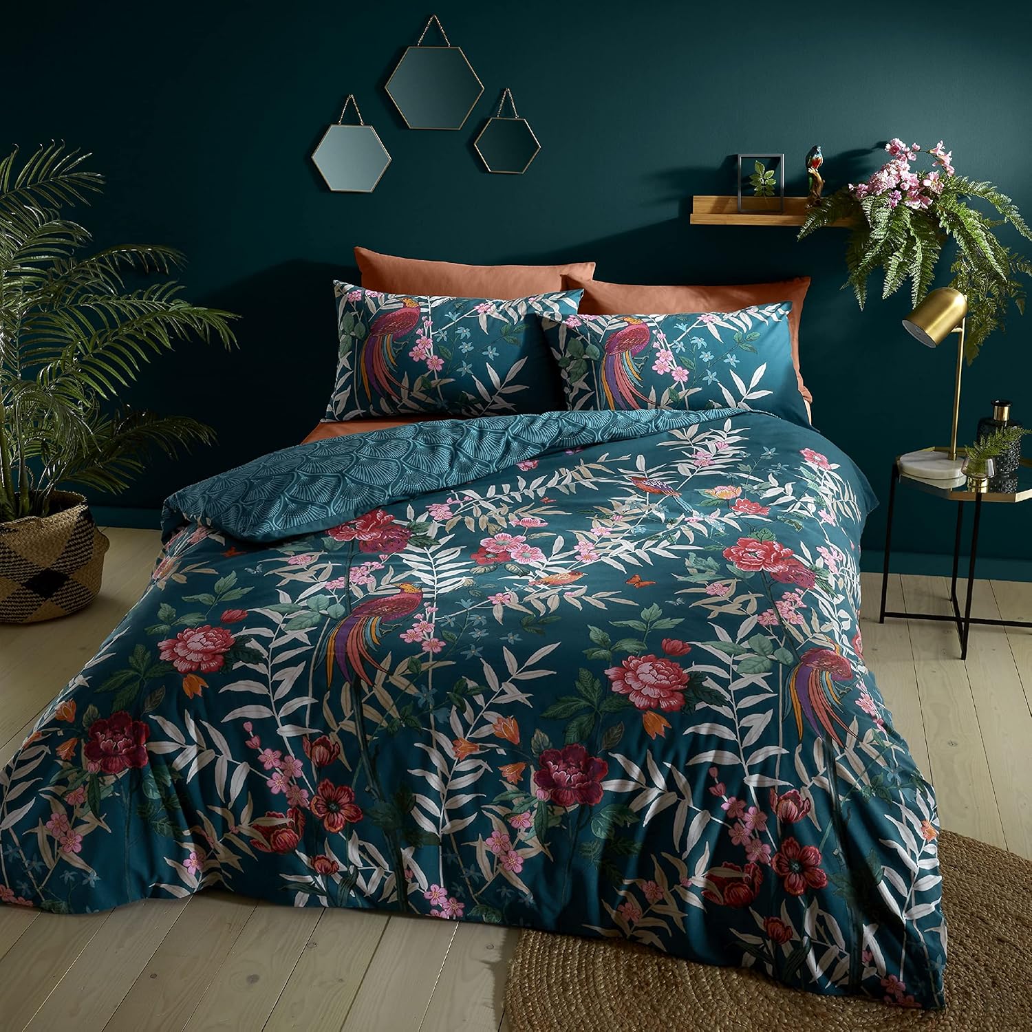 Catherine Lansfield Bedding Tropical Floral Birds Double Duvet Cover Set with Pillowcases Green