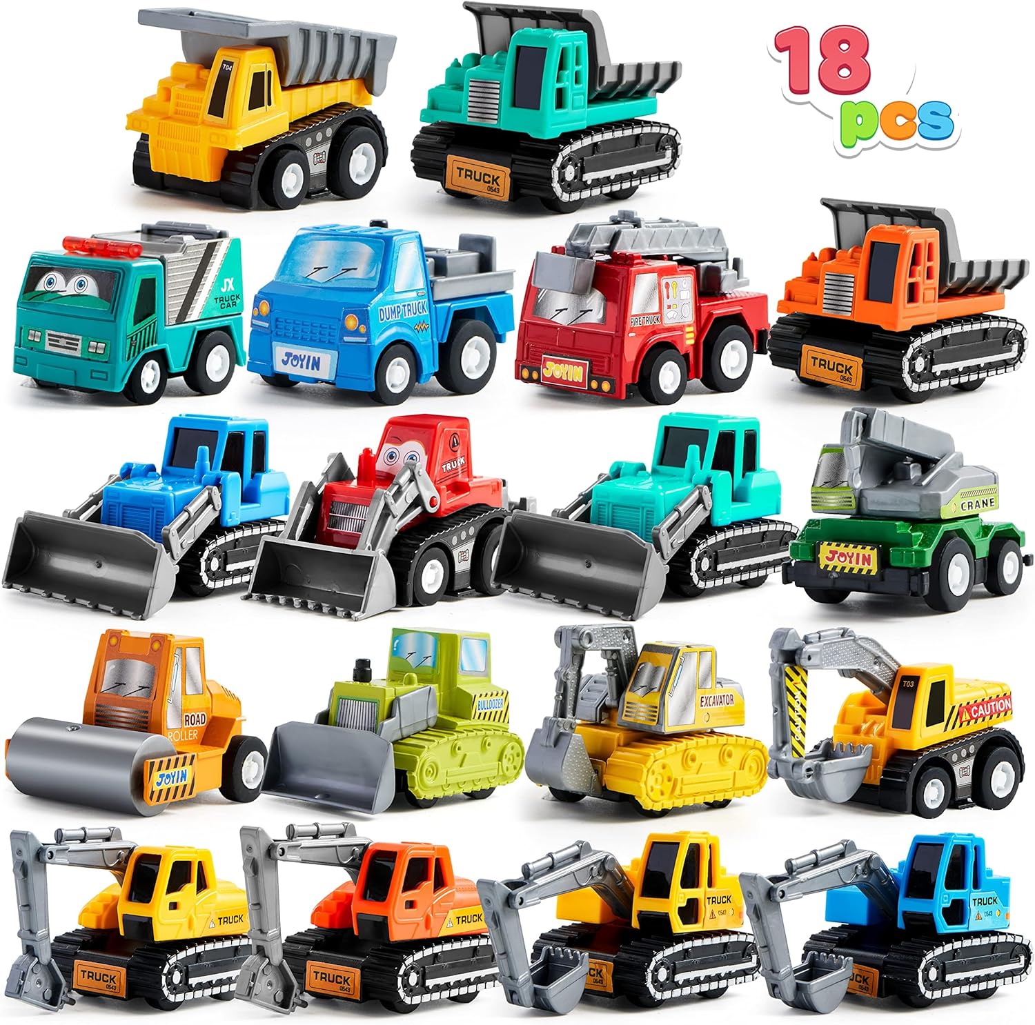 JOYIN 18 Piece Pull Back Car Assorted Mini Truck Model Car, Friction Powered Race Cars Vehicle Set for Toddlers, Boys, and Girls’ Educational Pretend and Play