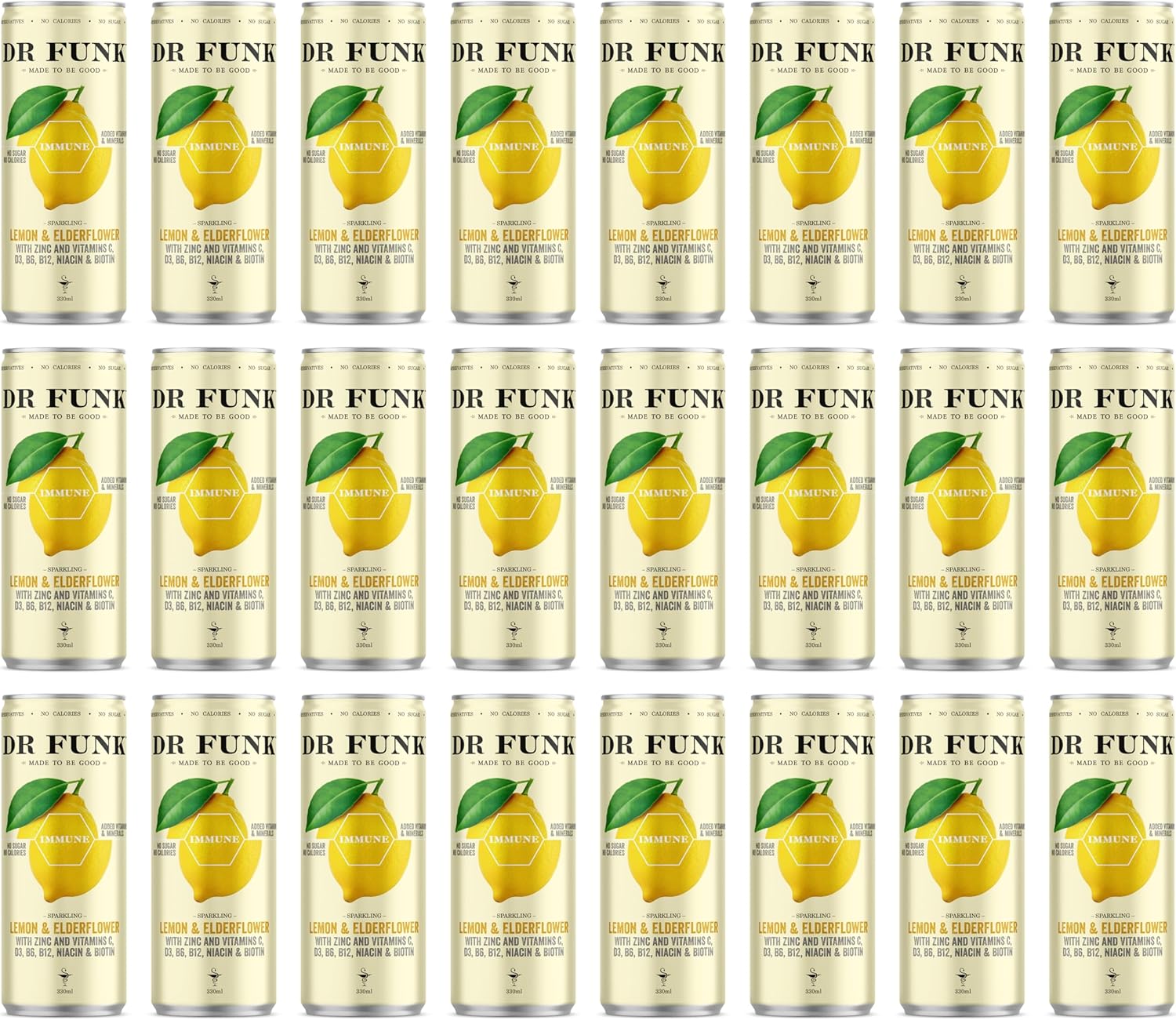 Dr Funk Lemon & Elderflower Sparkling Flavoured Water with NO Sugar & NO Calories with 7 essential nutrients, Vitamins and Minerals. All natural, nothing artificial. 24 x 330ml