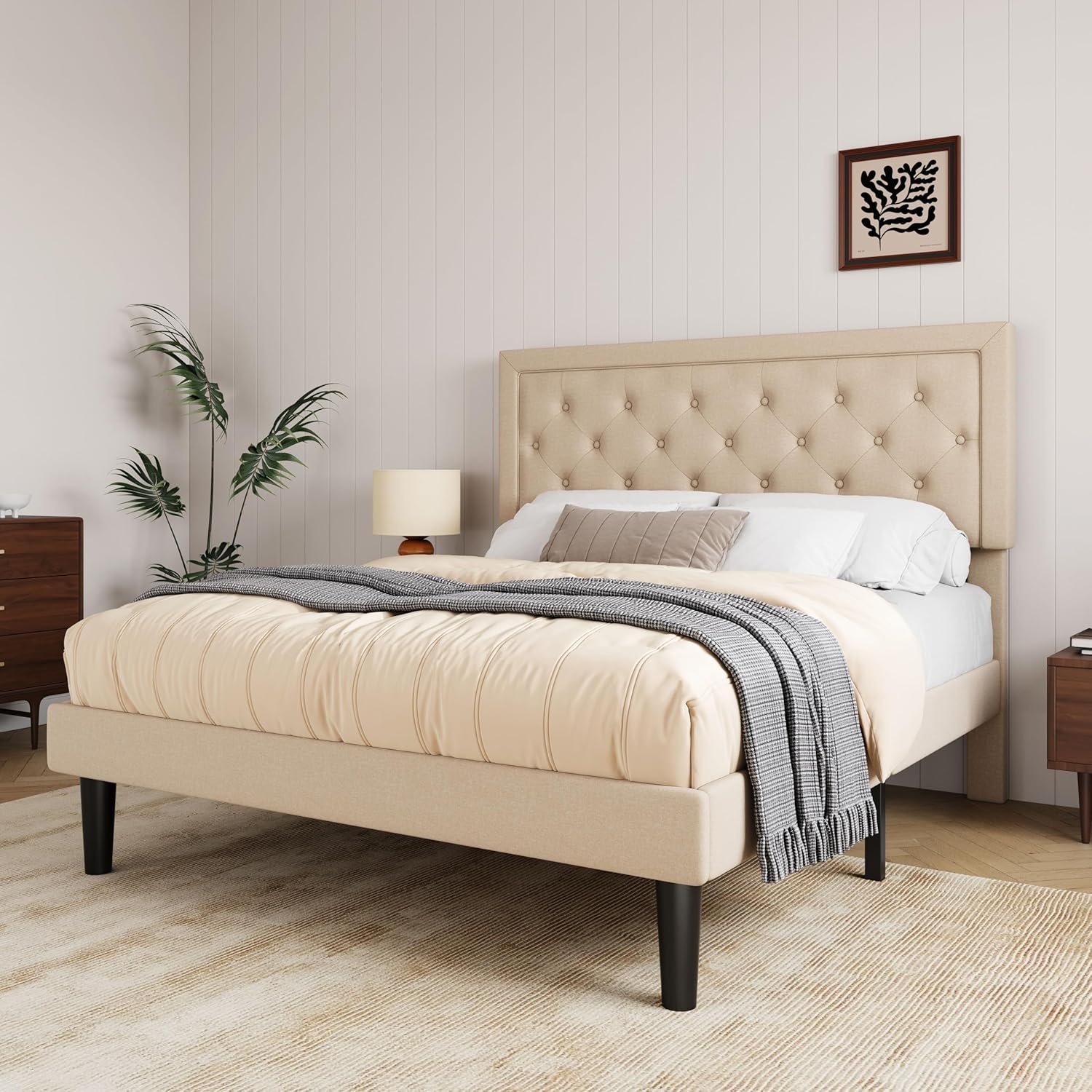 Allewie Queen Size Button Tufted/Fabric Upholstered Bed Frame with Adjustable Headboard/Wood Slat Support/Mattress Foundation/Beige