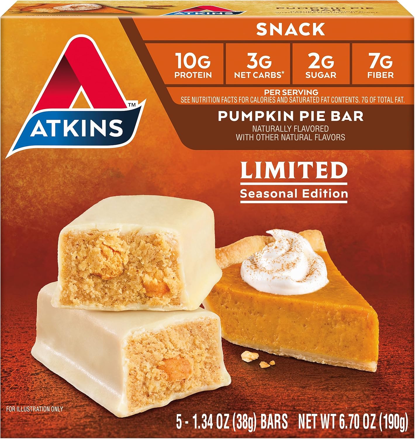 Atkins Pumpkin Pie Snack Bar, 10g Protein, 3g Net Carbs, 2g Sugar, High Fiber, 5 Count