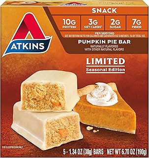 Atkins Pumpkin Pie Snack Bar, 10g Protein, 3g Net Carbs, 2g Sugar, High Fiber, 5 Count