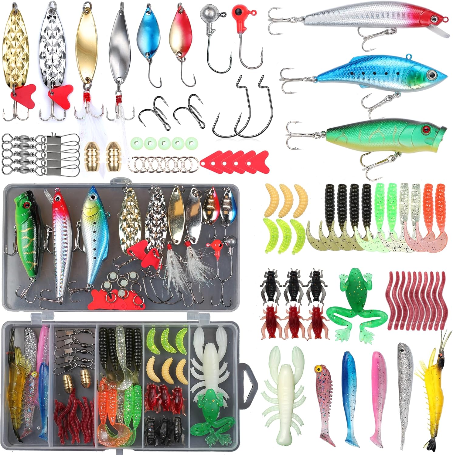 Fishing Lure79/399 pcs Fishing Lures kit Lure Set for Bass Trout Salmon Freshwater Fish Tackle Shrimp Worm Bait Spoon Grasshopper Crankbait Jigs Hooks Fishing Gear and Equipment