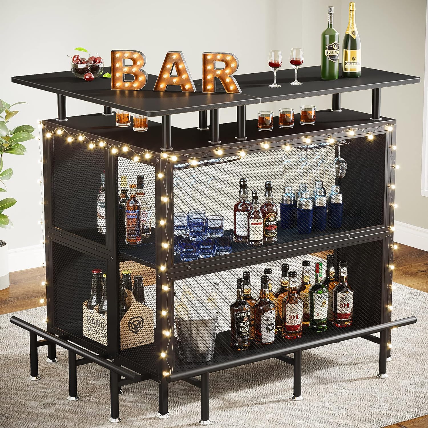 Tribesigns Home Bar Unit, L-Shaped Bar Table with Stemware Racks and 2-Tier Shelves, Corner Mini Coffee Liquor Cabinet with Footrest for Home/Kitchen/Pub, Black