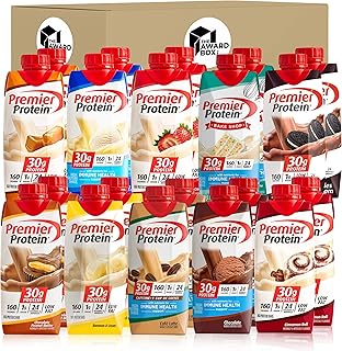 Premier Protien High Protein Shakes Variety Pack Sampler, 11 Fl. Oz Each - Cafe Latte, Chocolate, Vanilla, Caramel, Cake Batter, Chocolate Peanut Butter, Cinnamon, Banana, Strawberry, Cookies and Cream - 2 of Each Flavor (20 Pack) in The Award Box Packaging (10 Flavors)