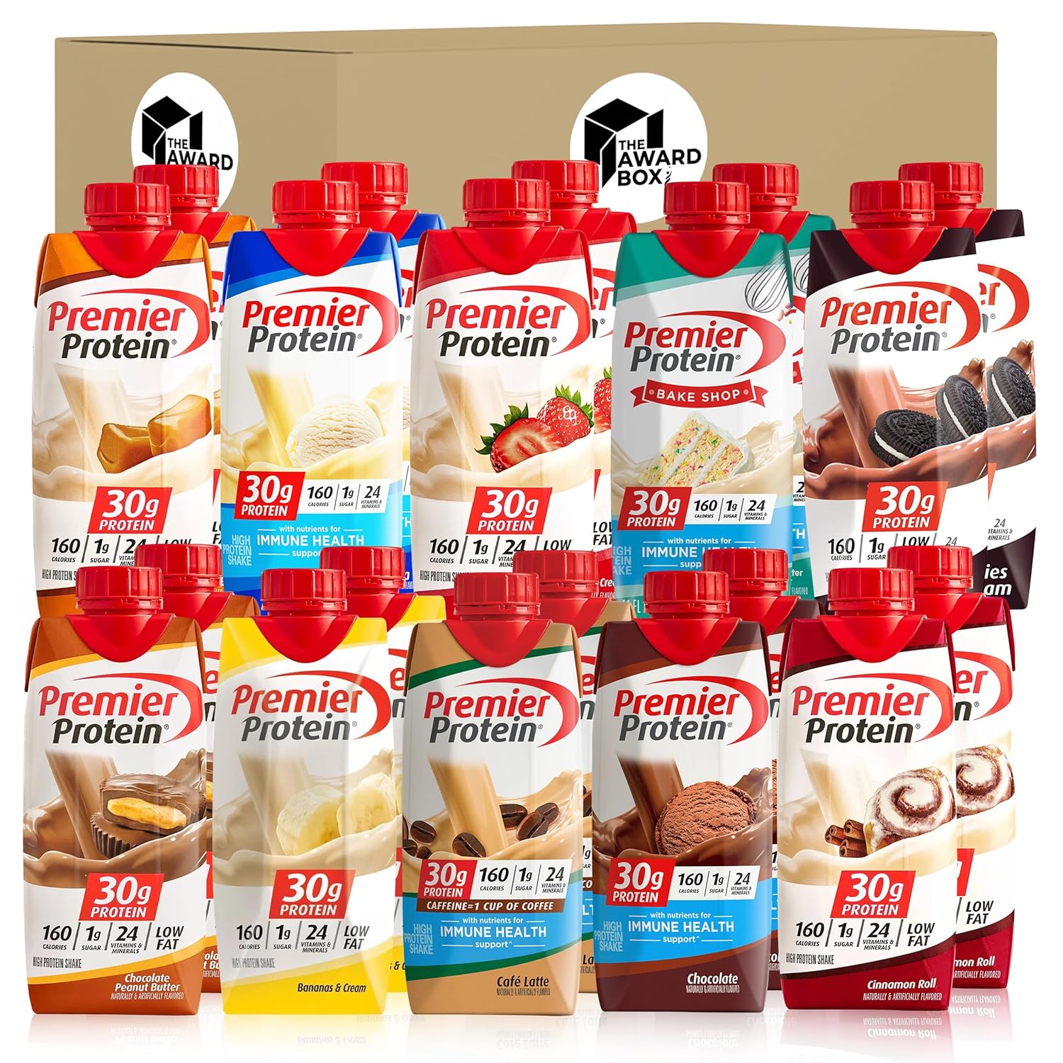 Premier Protien High Protein Shakes Variety Pack Sampler, 11 Fl. Oz Each - Cafe Latte, Chocolate, Vanilla, Caramel, Cake Batter, Chocolate Peanut Butter, Cinnamon, Banana, Strawberry, Cookies and Cream - 2 of Each Flavor (20 Pack) in The Award Box Packaging (10 Flavors)