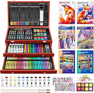 POPYOLA Art Supplies, 269 Piece Deluxe Art Set with 6 Drawing Pads, Watercolor Paints, Crayons, Colored Pencils Set in Wooden Case, Creative Gifts for Artists Adults Kids