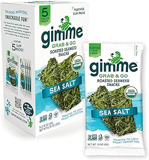 Gimme Seaweed Grab & Go Organic Premium Roasted Seaweed Snacks, Sea Salt, 5 Count Trayless, Keto, Vegan, Gluten-Free, Great Source of Omega3s and Iodine, Healthy On-The-Go Snack for Kids and Adults