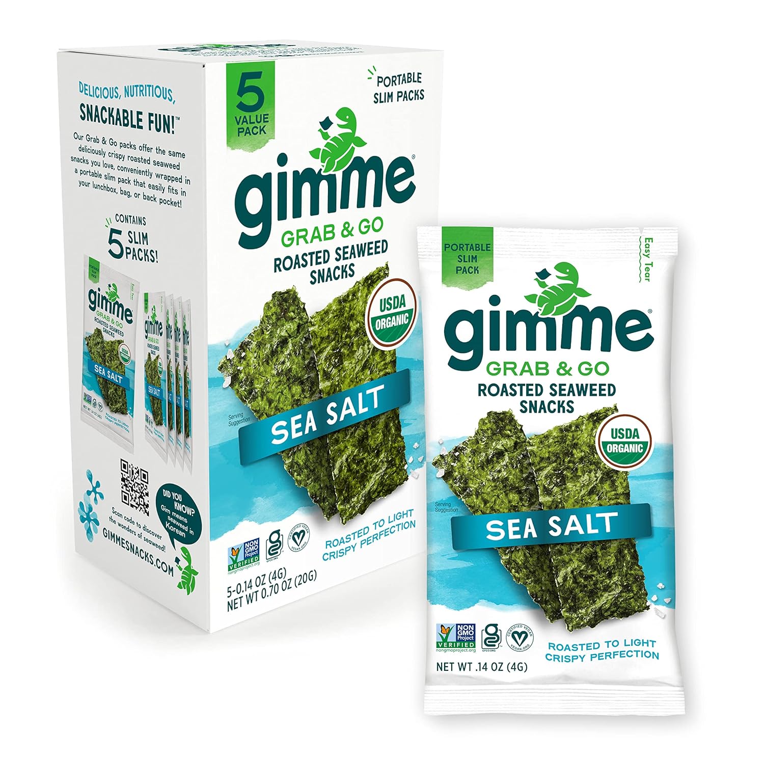 Gimme Seaweed Grab & Go Organic Premium Roasted Seaweed Snacks, Sea Salt, 5 Count Trayless, Keto, Vegan, Gluten-Free, Great Source of Omega3s and Iodine, Healthy On-The-Go Snack for Kids and Adults