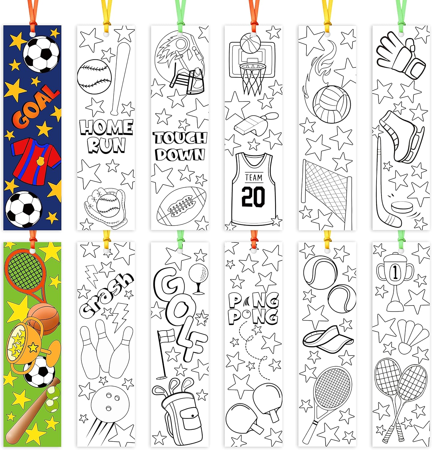 72Pcs Sports Ball Color Your Own Bookmark, Coloring Blank Bookmark for Kids