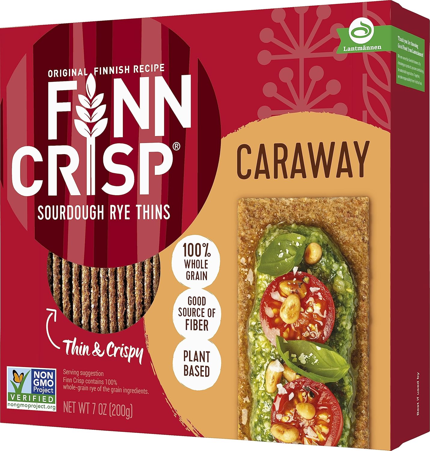 Finn Crisps Rye Crispbread with Caraway 7oz | Thin, Crispy Rye Flatbreads with Caraway | Authentic Finnish Sourdough Crispbread | Caraway Rye Crackers by Finn Crisp [7oz Box]