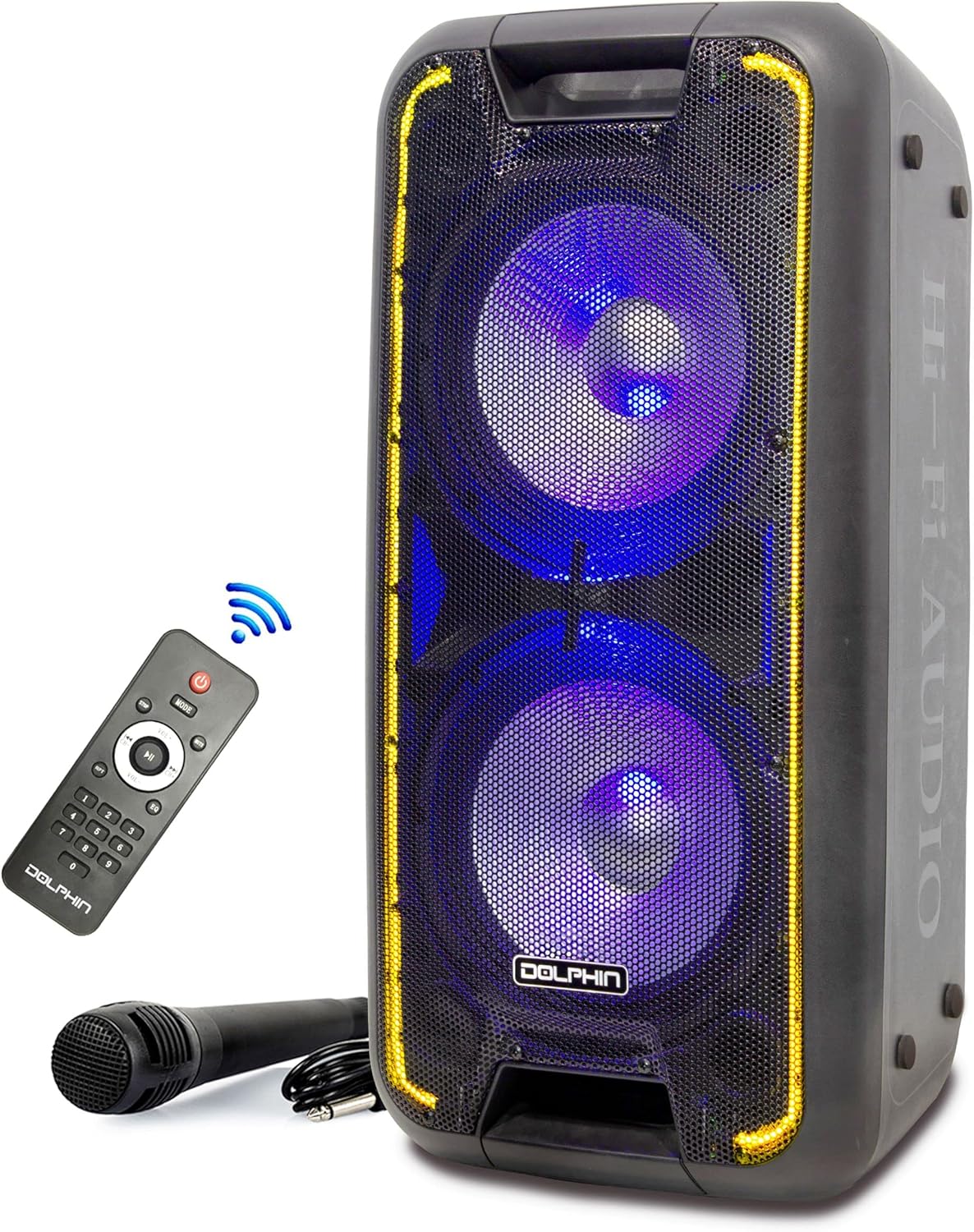 Dolphin SP-210RBT Dual 10" Bluetooth Party Speaker with Neon LED Lights, 5-Band Equalizer, 12V Cable Extender - Portable DJ/Karaoke Speaker with Trolley & Wheels for Events, Outdoor