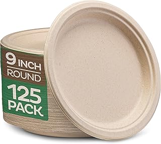 100% Compostable Paper Plates, Heavy Duty Disposable Plates [125-Pack] 9 Inch Plates - Eco-Friendly, Biodegradable Sugarcane Bagasse, Natural Unbleached Brown 9" Dinner Paper Plate Disposable