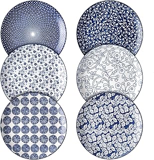 Selamica 8 inch Porcelain Dinner Plates, Large Size Serving Plate for Salad, Pancakes, Steak, Set of 6, Vintage Blue