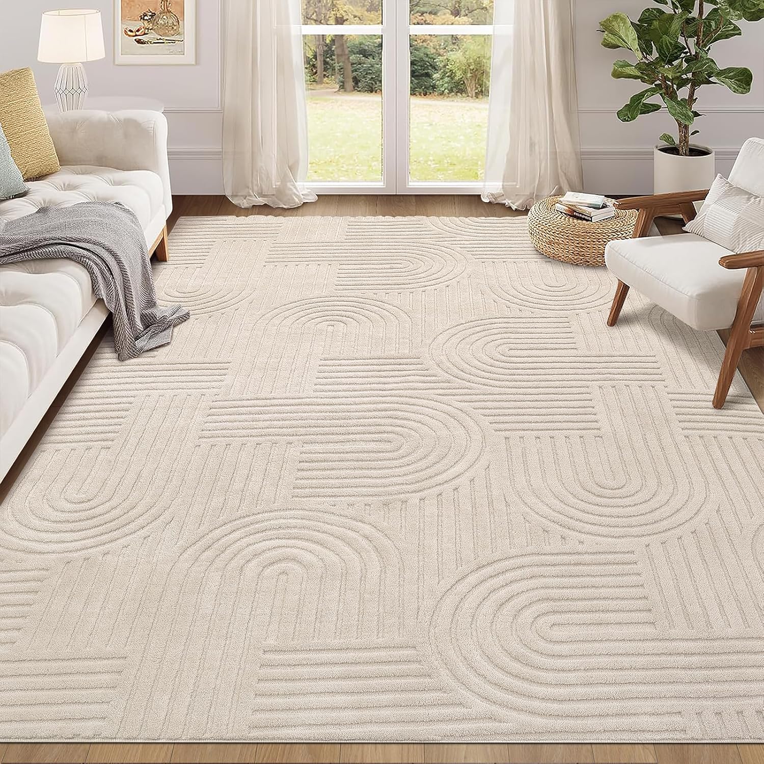 Enyhom Rugs Living Room 160 x 230 cm, Beige Fluffy Area Rugs for Bedroom Washable Anti Slip Modern Floor Carpets Mat Non Shedding Thick Pile Beside Rugs for Dining Room Kitchen Office