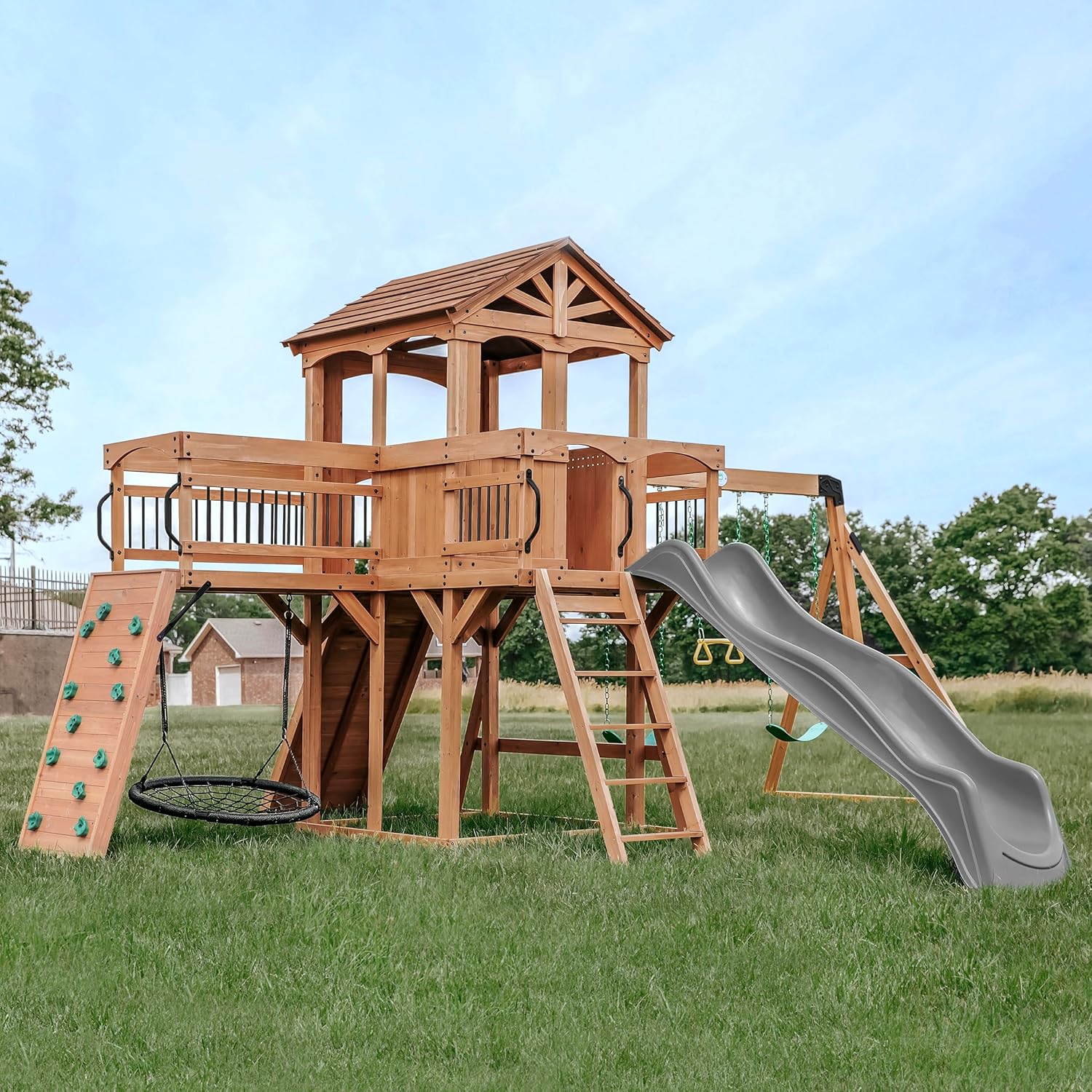 Backyard Discovery Sterling Point Cedar Wood Swing Set with Wave Slide, Raised Clubhouse, Wooden Bridge, Rock Wall, Belt Swings, Web Swing, Trapeze, Balcony, Climbing Wall, Ladder, Outdoor Playset