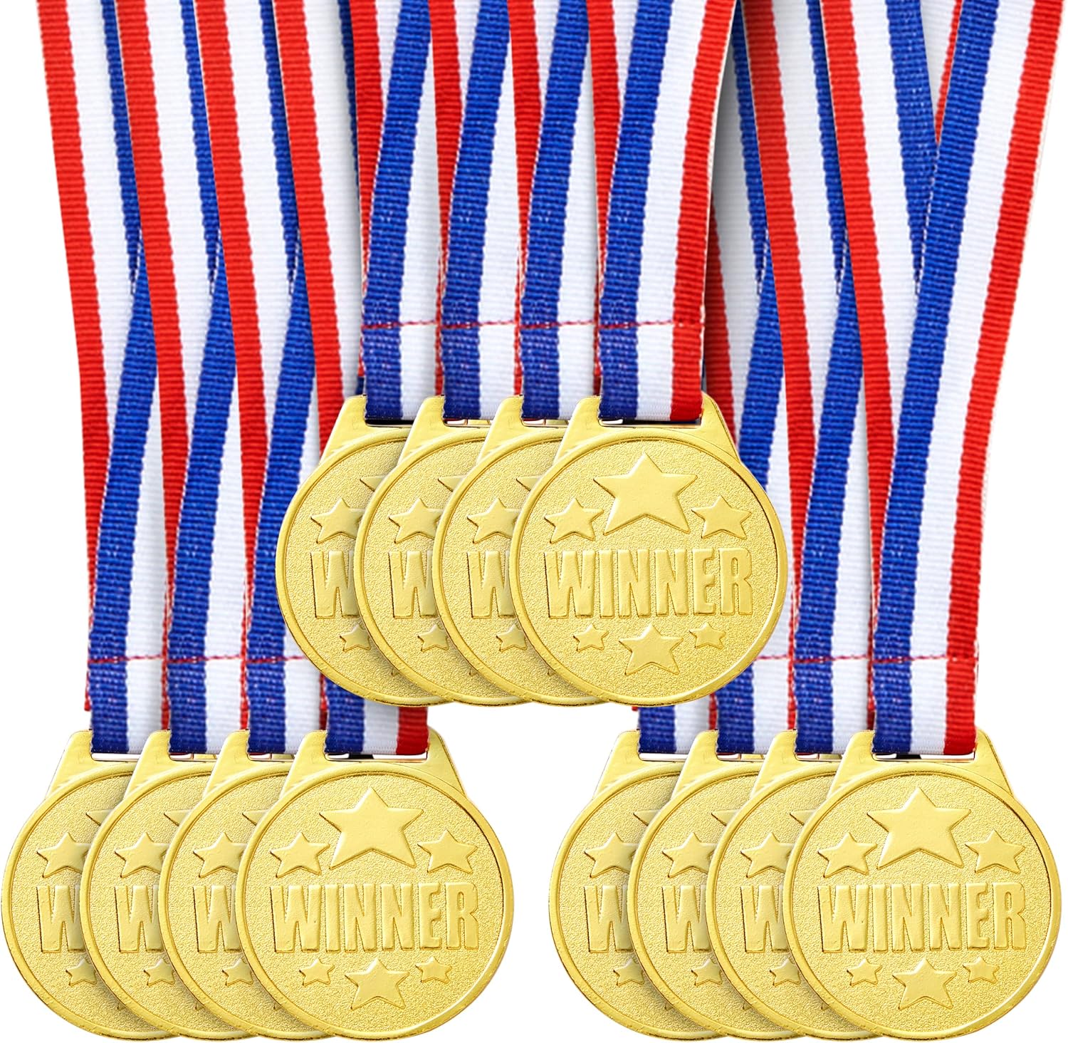 Juvale Medals for Awards & Trophies - Award Ribbons & Prizes for Adults - 12 Pack, 1.5-Inch Gold Olympic Style with Red, White & Blue Neck Ribbons - Participation & Winner Medals for Kids
