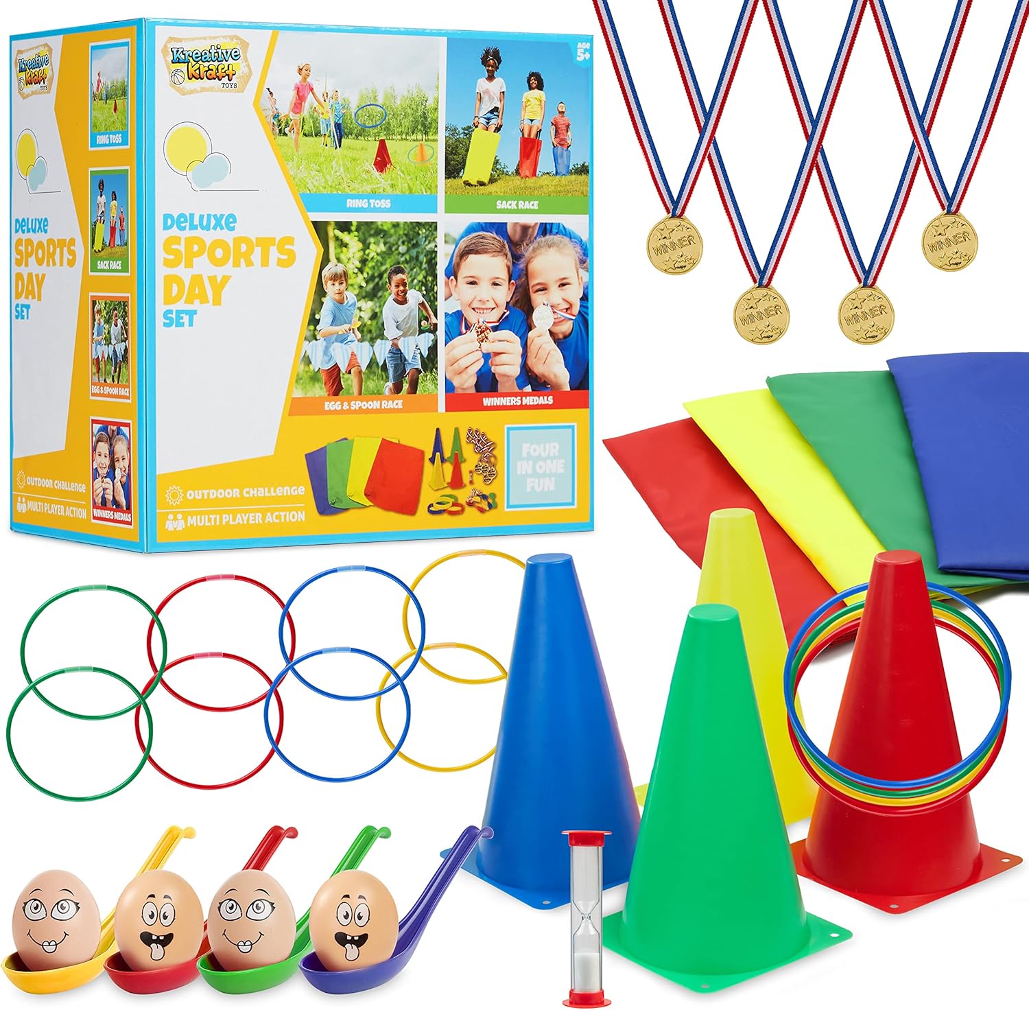 Outdoor Games Play Equipment Age 3+ for Kids Family Garden Toys Sports Day Kit Egg and Spoon Race Ring Toss Sack Race Bean Bags Snakes and Ladders (Deluxe Sports Day Kit)