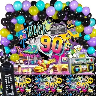 80s 90s 50s Party Decorations 80's 90's 50's Party Bundle Includes Inflatable Radio Boombox and Mobile Phone, Back to 80s 90s 50s Backdrop, Tablecloth, 75 Pcs Balloons for Hip Hop Party(90s Style)