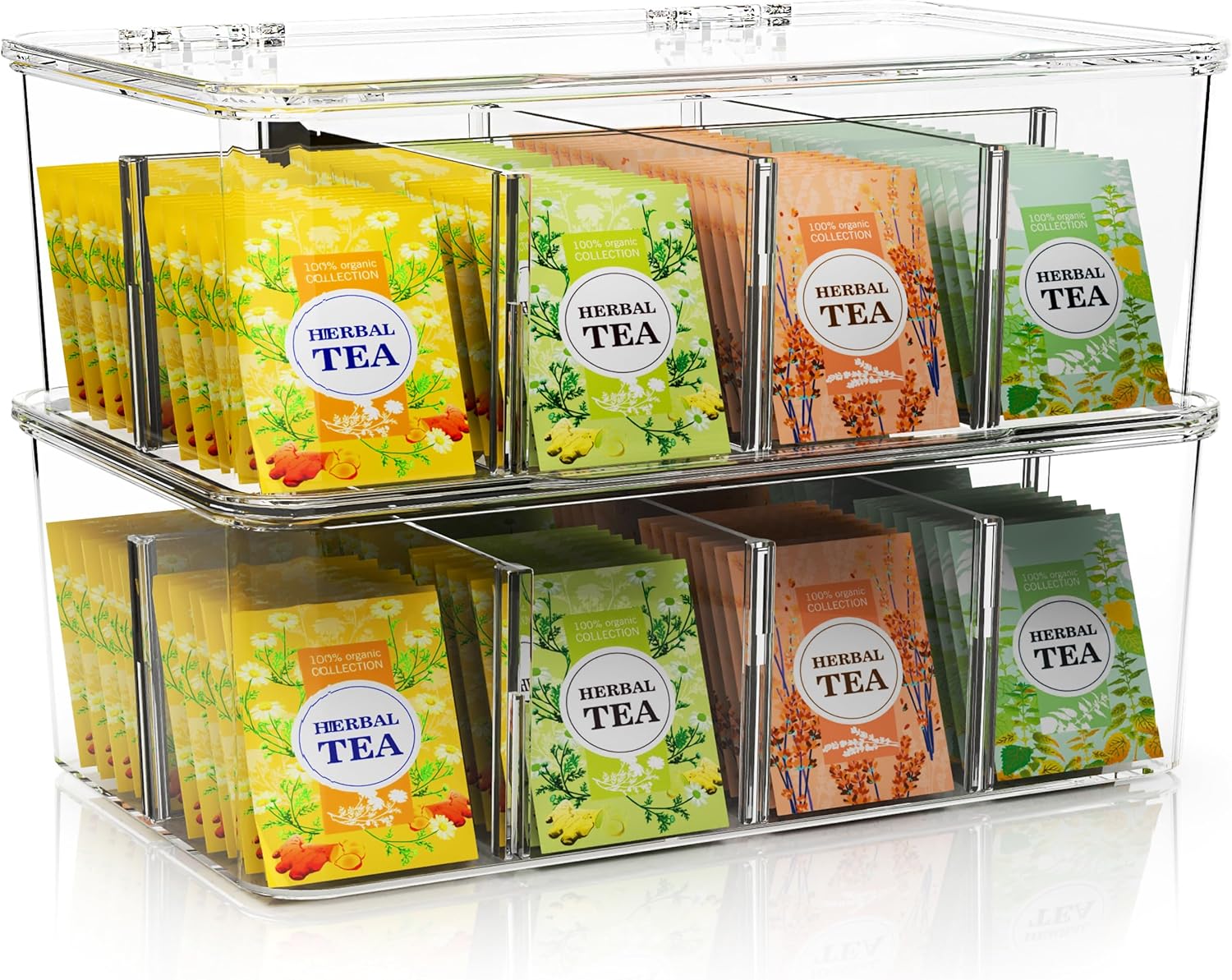 Utopia Home 2 Pack Tea Bag Organizer - Stackable Tea Bag Storage Organizer with Lid - Tea bag holder For Kitchen Organizers and Storage, Multi-Functional Kitchen Organizer, Home organizer (Clear)