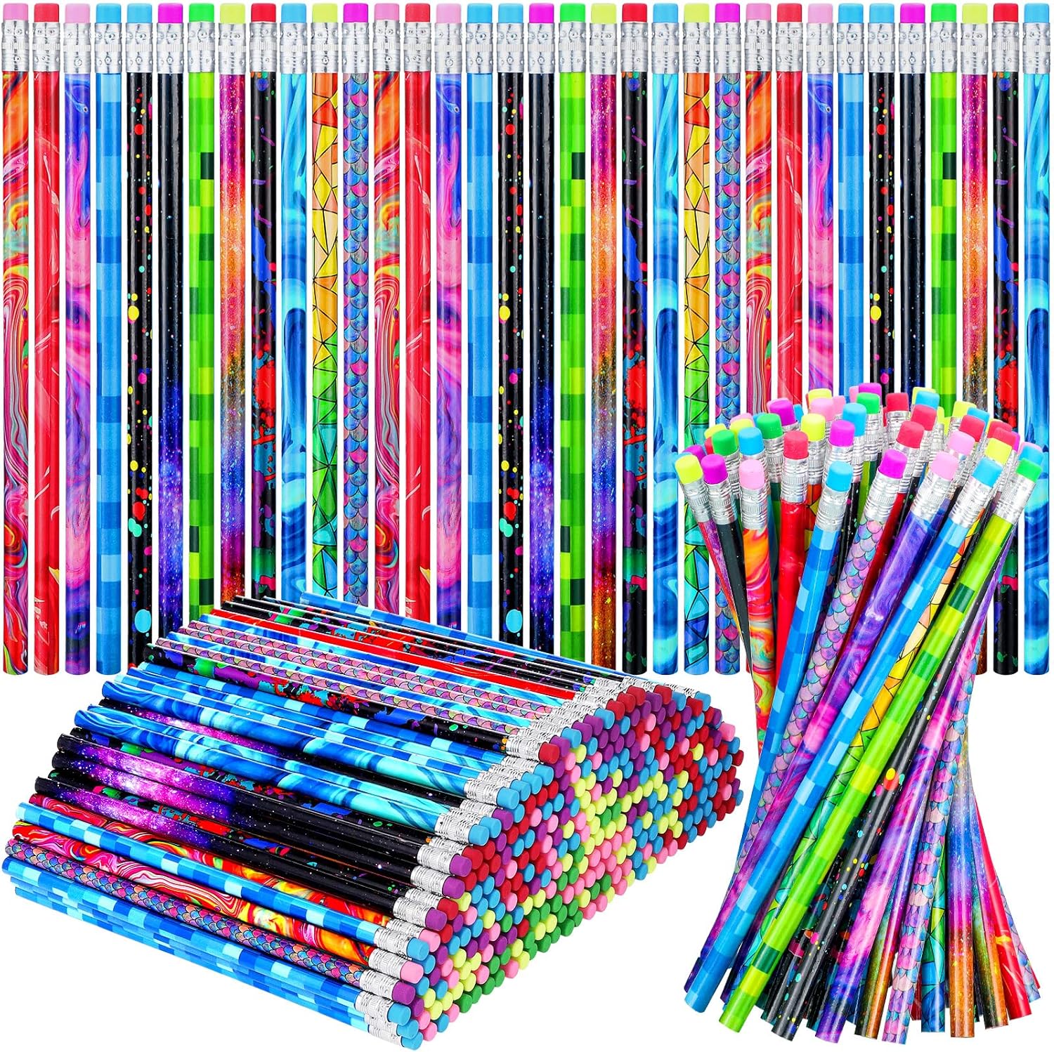 Chinco 300 Pieces Wooden Pencil with Eraser for Kids Assortment Colorful Fun Pencils Bulk with Eraser Kids Novelty Back to School Supplies for Classroom, Student Reward, Stationery Party Favors