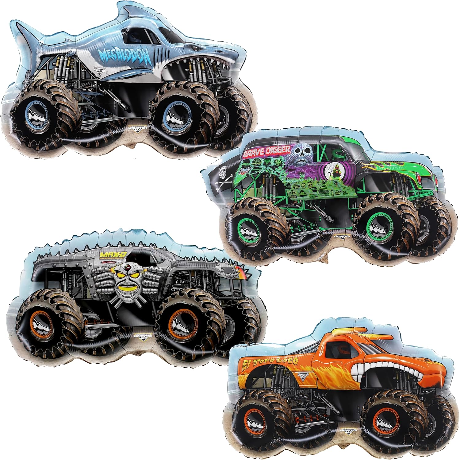 Toyland® Pack Of 4 Monster Jam Truck Foil Balloons - Grave Digger, El Toro Loco, Max D & Megalodon Shaped Character Balloons