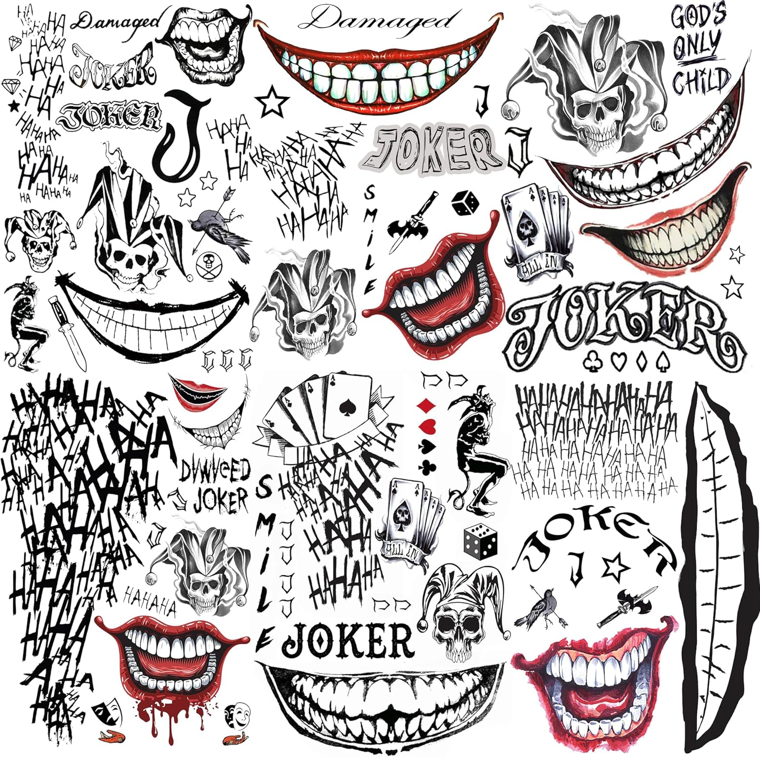 COKTAK 6 Sheets Joker Temporary Tattoos For Men Women Halloween Makeup Kit Cosplay Costume, 3D Halloween Face Tattoos Prison Prisoner Inmate Gothic Rapper, Gothic Fake Clown Joker Tattoos Sticker