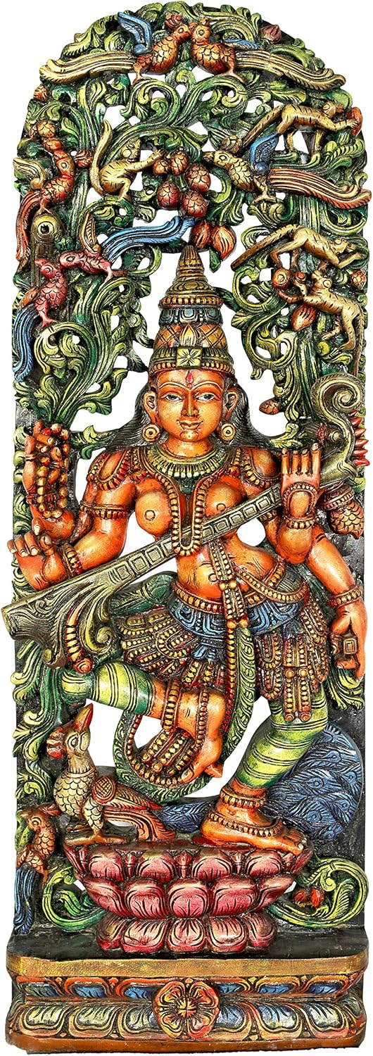Dancing Saraswati Playing on Her Veena - Large size - South Indian Temple Wood Carving