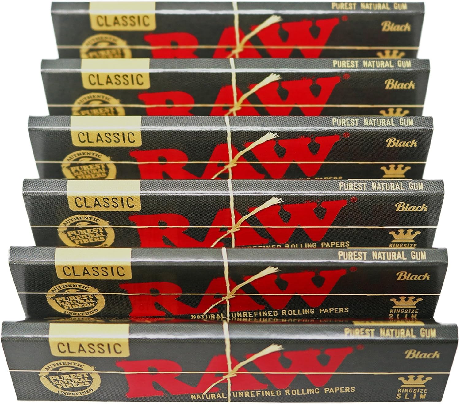 RAW Classic Black King Size Slim Natural Unrefined Ultra Thin 110mm Rolling Papers (6 Packs)