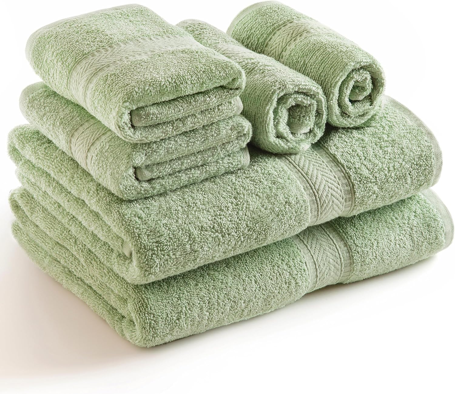 Sweet Needle 6 Piece Towel Set - 2 Bath Towels, 2 Hand Towels and 2 Washcloths Cotton Daily Use Hotel Spa Quality Soft Highly Absorbent Quick Dry Light Weight (Sage Green)