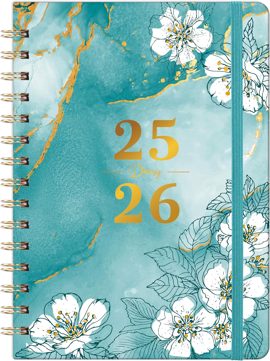 Academic Diary 2025-2026 - A5 Diary 2025-2026 Week to View, Aug.25 - Jul.26, with Elegant Cover and Twin-wrie Binding - Green Marble and Cherry Blossom