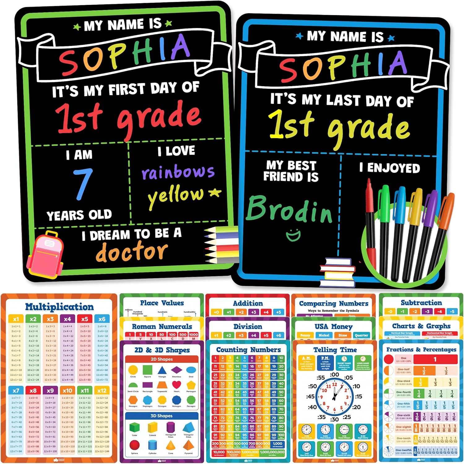 First Day of School Chalkboard & 13pc Math Posters for Kids