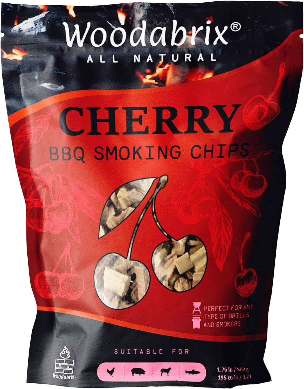 Woodabrix Cherry Wood Chips I BBQ Wood Chips are suitable for Charcoal, Gas and BBQ/Smoker I 100% Natural and Eco-friendly I 800 grams (3.2 Litre / 195 cu in)