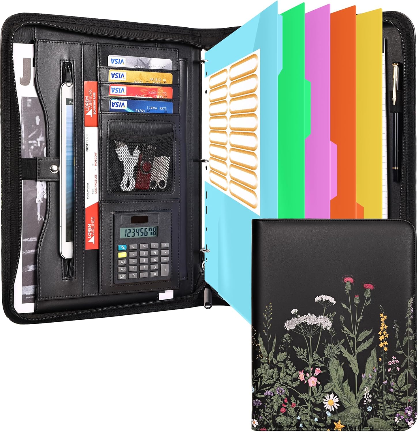 Eshow Portfolio Organizer - 3 Ring Binder with Zipper, Vegan Leather Business Padfolio Folder with Notepad Includes 5 Colorful Sheet Protectors for Documents Files for Women