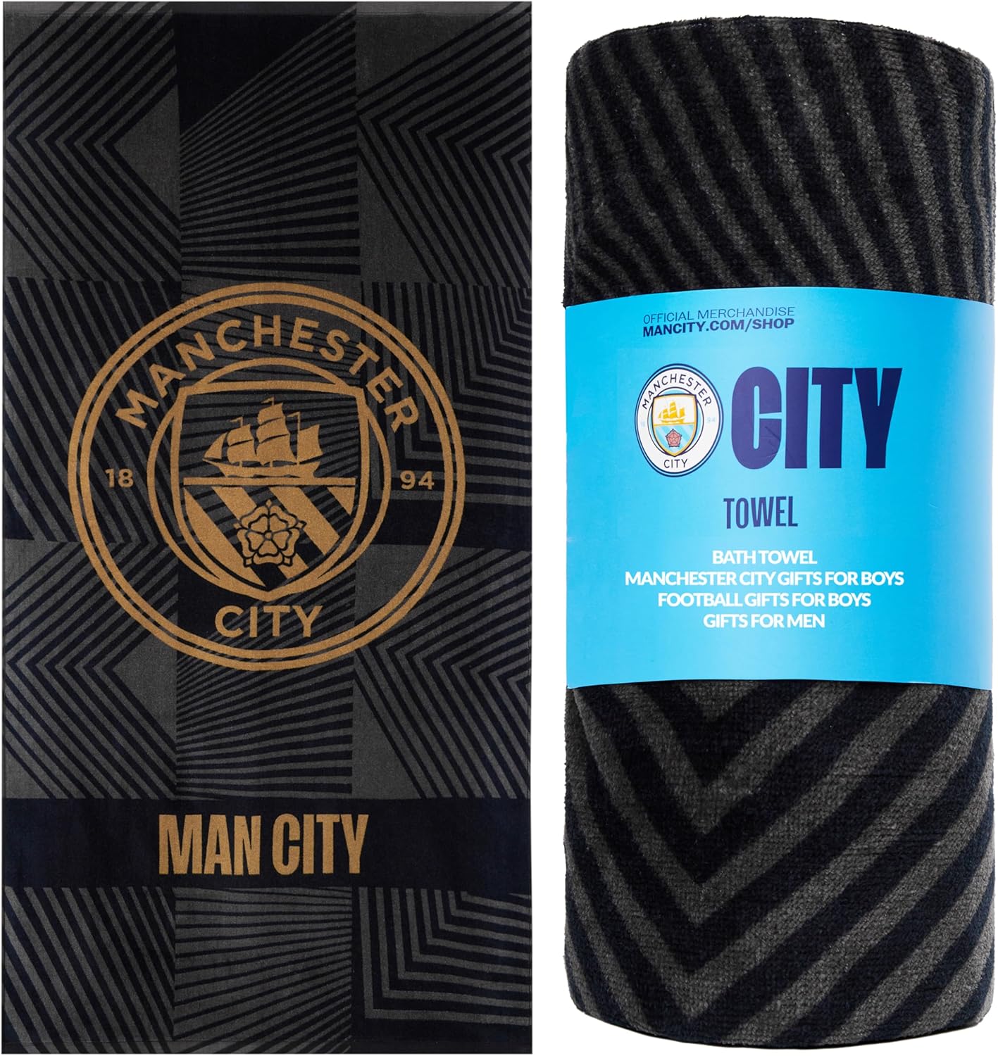 MANCHESTER CITY F.C. Bath Towel for Men Women Teens Boys 100% Cotton Quick Dry Football Crest Beach Towel Swim Gym Holiday Shower Supporters' Gear 137 x 69cm (Black, 137x68.5cm)