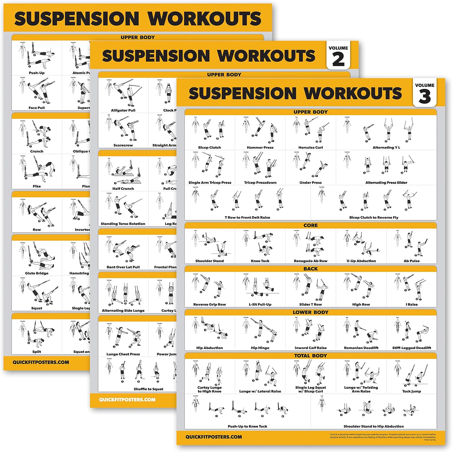 Palace Learning 3 Pack Suspension Workout Posters - Volume 1, 2 & 3 - Exercise Charts (Laminated, 18" x 24")