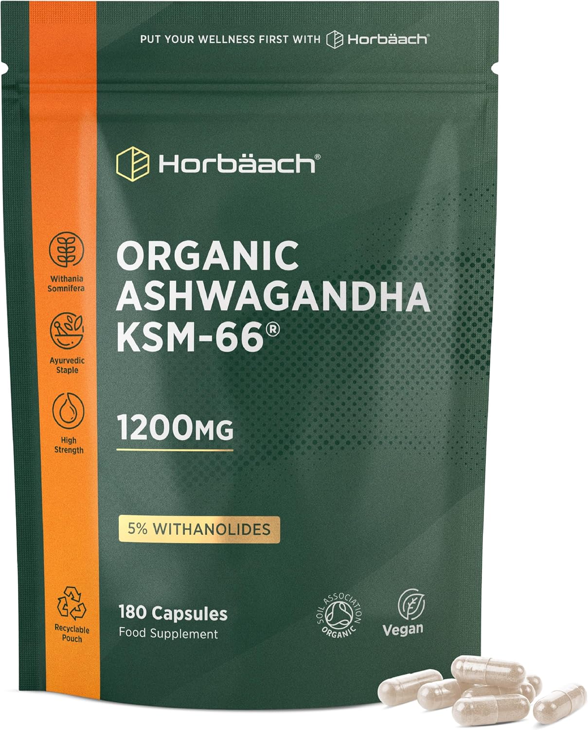 Ashwagandha KSM-66 ® 1200mg with 5% Withanolides | Pure Organic Ashwagandha Root Powder | High Strength | 180 Vegan Capsules (Not Tablets) | Supplement for Men & Women | by Horbaach