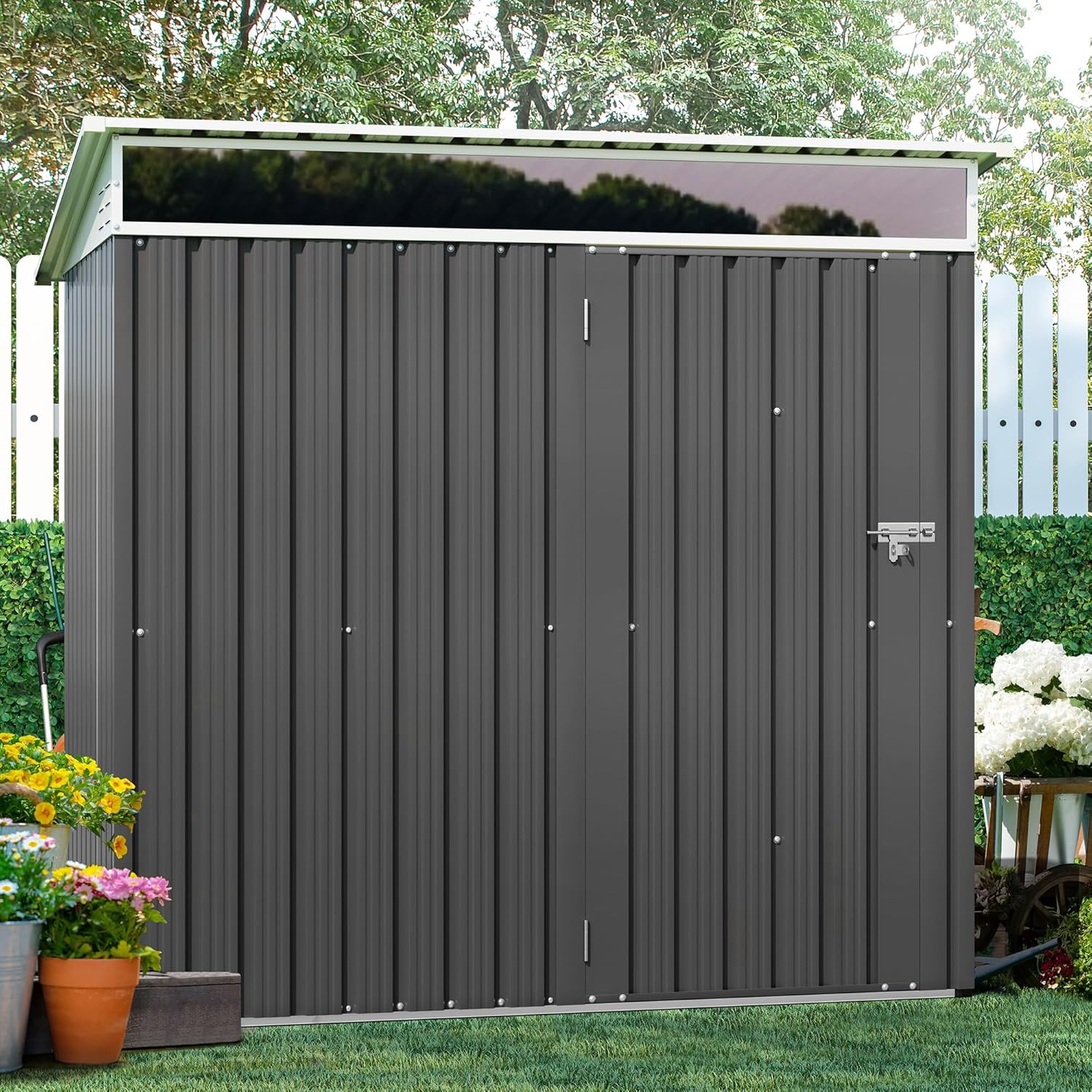 Shintenchi 6x4 FT Outdoor Storage Shed with Window, Outdoor Waterproof Storage Shed Metal Garden Shed with Lockable Single Door, Weather Resistant Tool Storage House Shed for Garden,Backyard,Gray