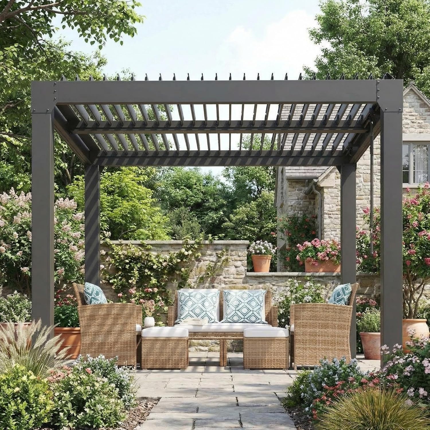 10x10 FT Louvered Pergola, Outdoor Aluminum Pergola with Adjustable Roof & Integrated Drainage System, Heavy Duty Hardtop Gazebo for Patio, Deck, Garden & Backyard