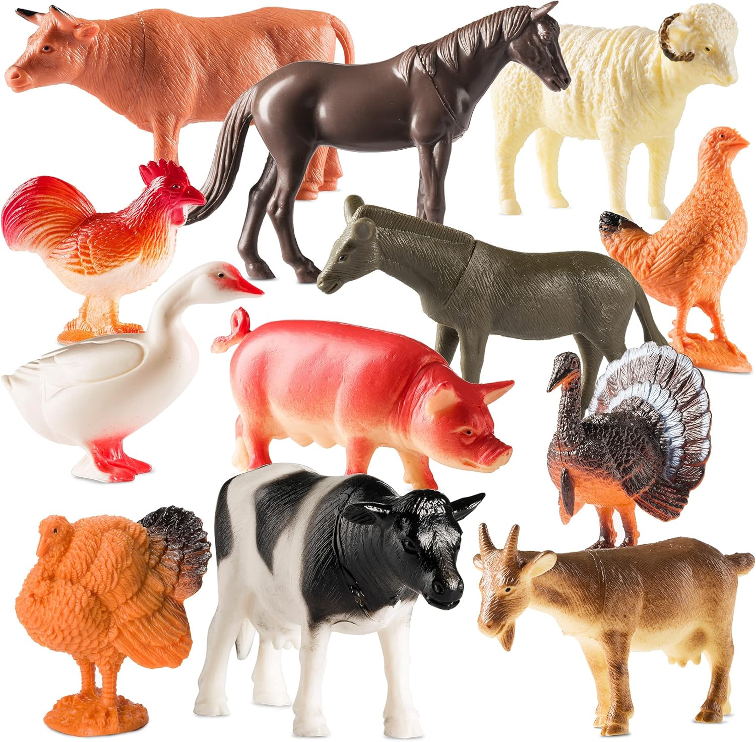 Bedwina Large Farm Animal Toys - 12 Pack - Plastic Farm Animals for Kids, Realistic 3-5 Inch Ranch / Barnyard Toy Figures Styles Include Sheep, Horse, Goat, Duck, Chicken, Turkey, Cow, Pig