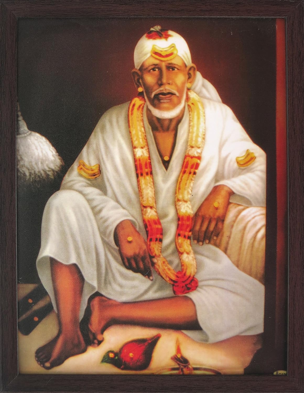 SANVIKA 12" x 9" Sai Baba Poster Frame Wall Decor, Sai Baba Photo Art Frame For Living Room Decor, Hindu Decor For Home Office, Pooja Room (Sai Baba Sitting on Throne with Colorful Garland) (COL-2)