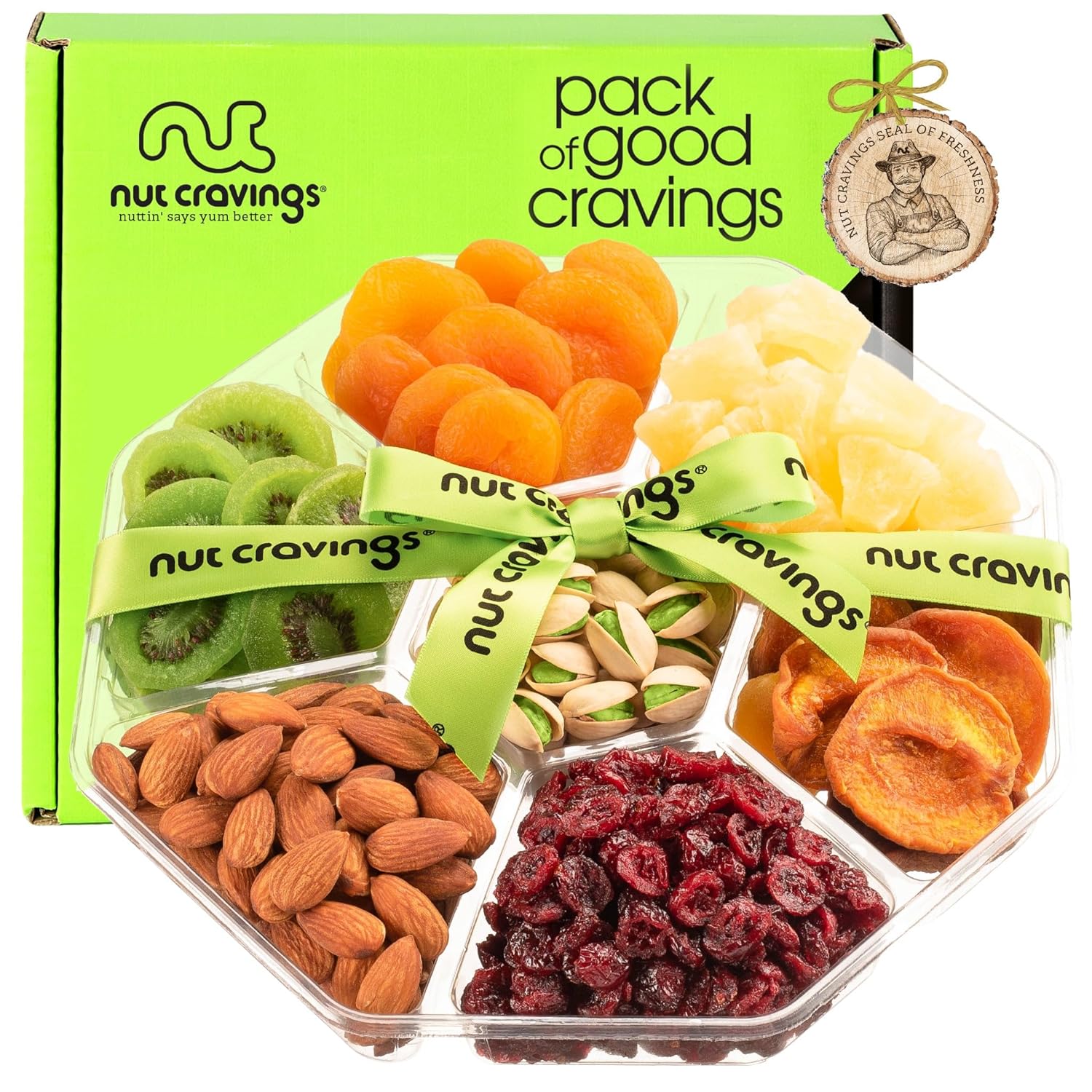 NUT CRAVINGS - Dried Fruit & Mixed Nuts Gift Basket + Green Ribbon (7 Assortments, 1 LB) Food Arrangement, Healthy Snack Care Package, Kosher