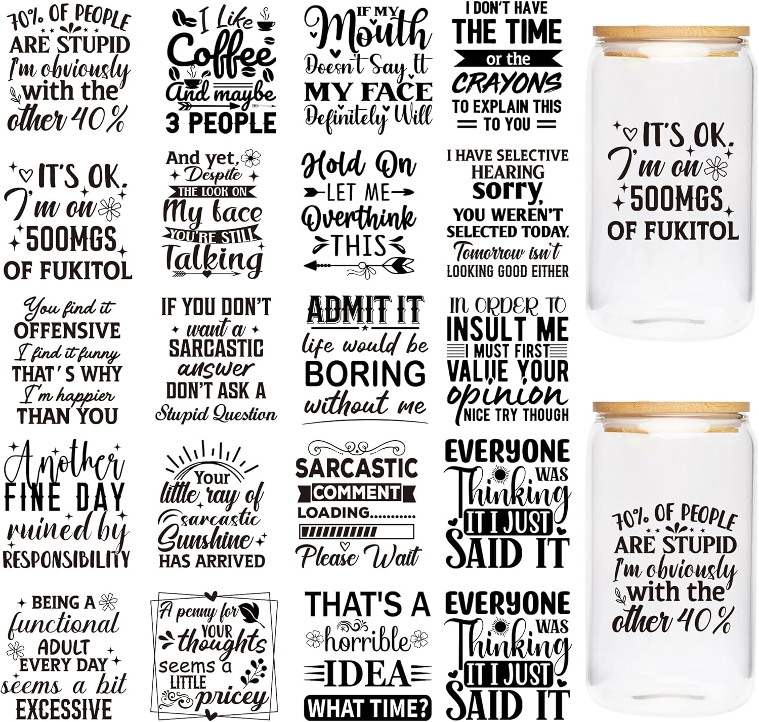 UV DTF Cup Wrap Sticker - 20 Sheet Funny UV DTF Transfer Stickers, Sarcastic UVDTF Cup Wraps, Humorous Words Design, Waterproof Rub on Transfer for Laptop Mobile Phone Case DIY Crafts