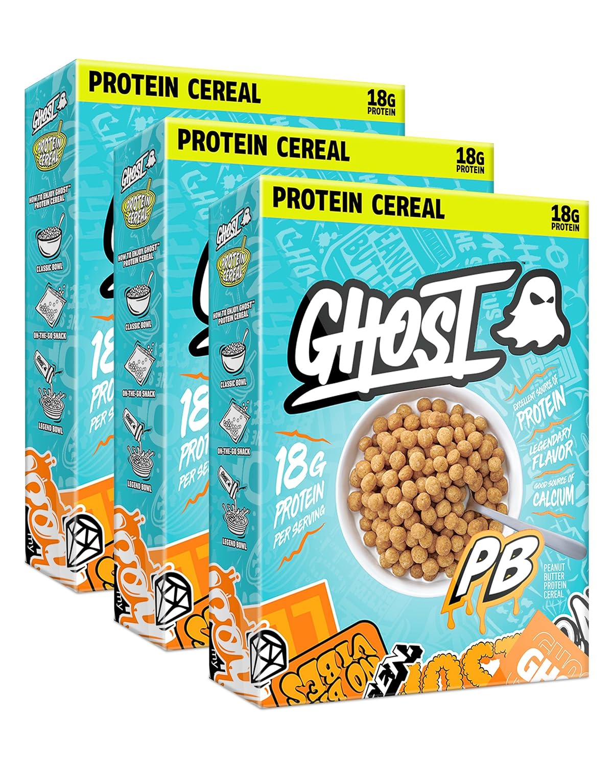 GHOST Protein Cereal, Peanut Butter Flavor (3-Pack) - Crunchy Peanut Butter Cereal Puffs - 18G Protein, Good Source of Calcium - Breakfast Cereal & Snack - 10.8oz Box